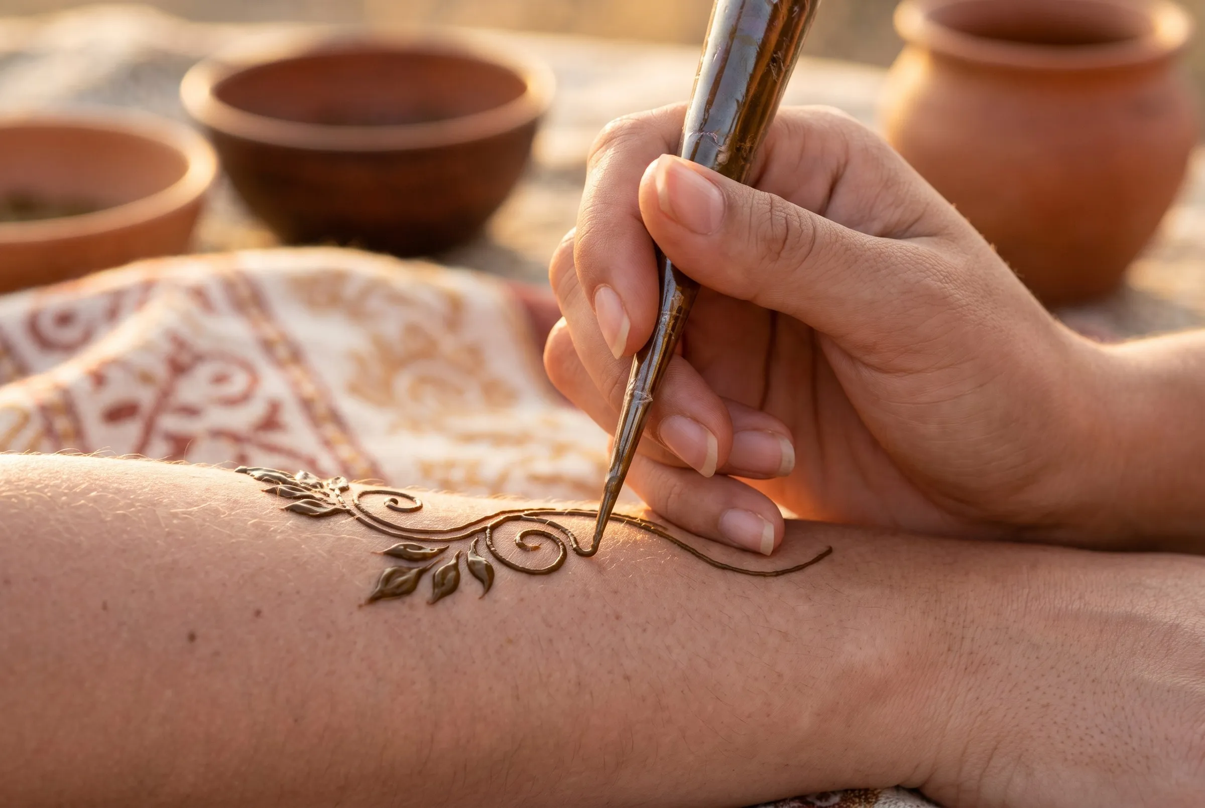 A henna vine being drawn on a forearm with a henna cone