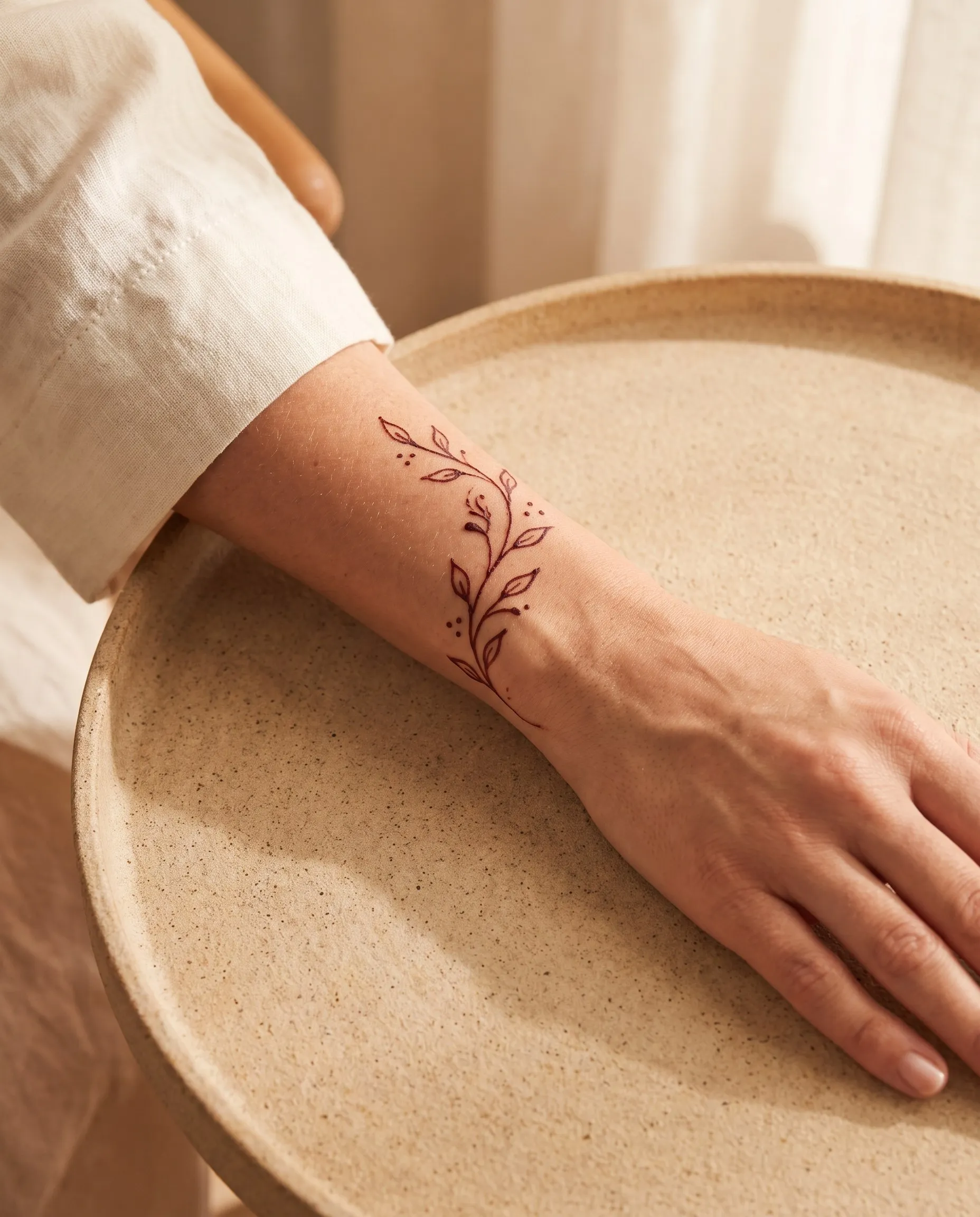 Forearm with a fine henna vine running from the wrist