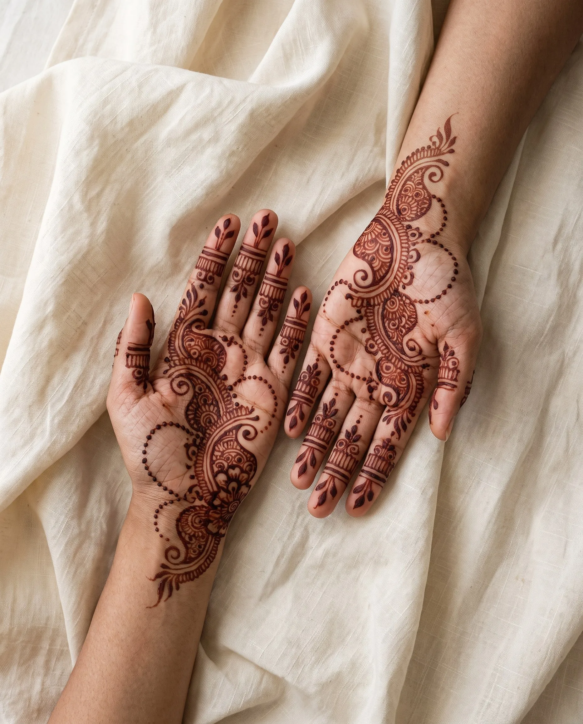 Two hands covered in fresh reddish-brown mehndi designs resting on cream linen