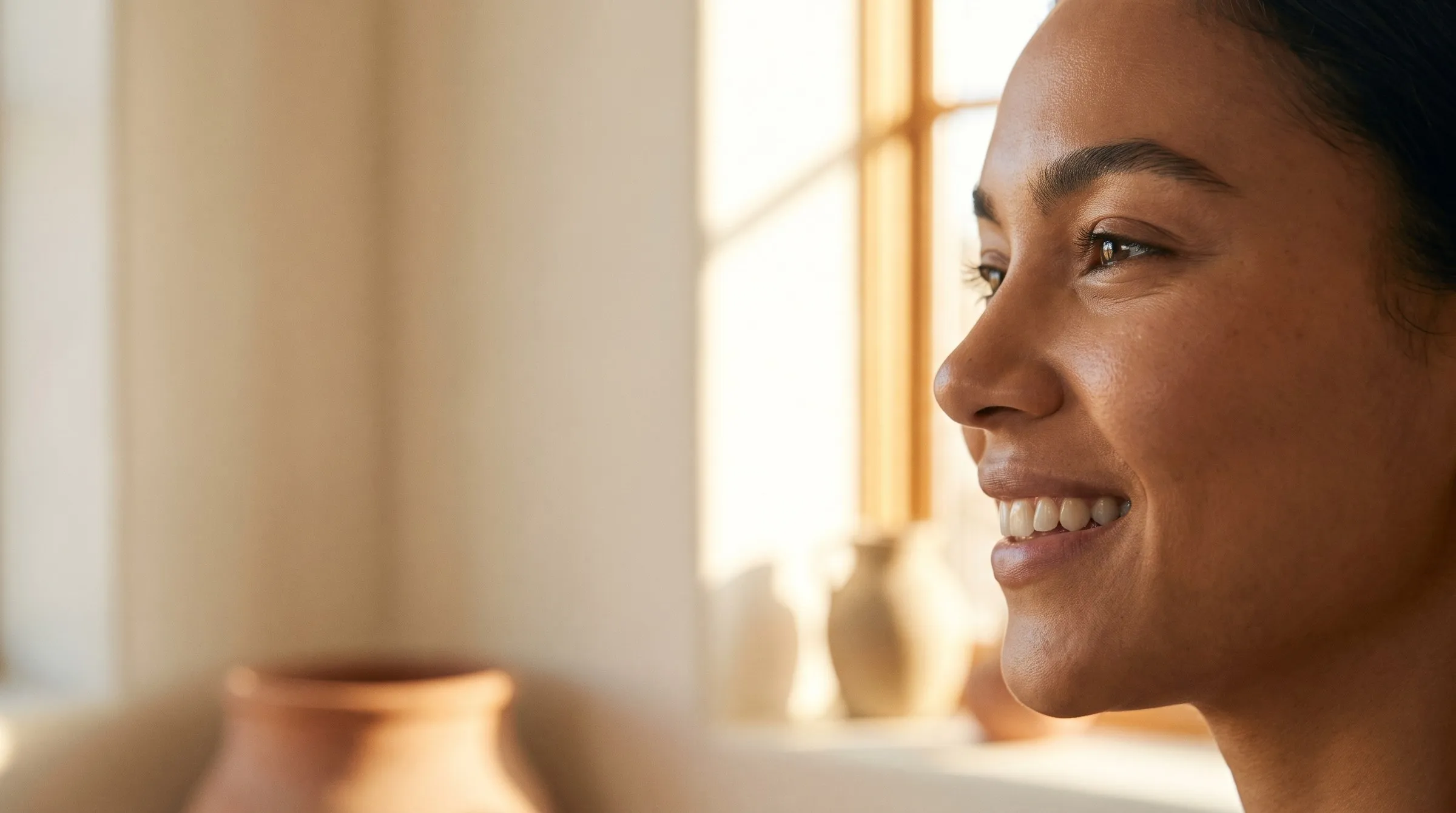 Woman in warm window light with clean, defined brows