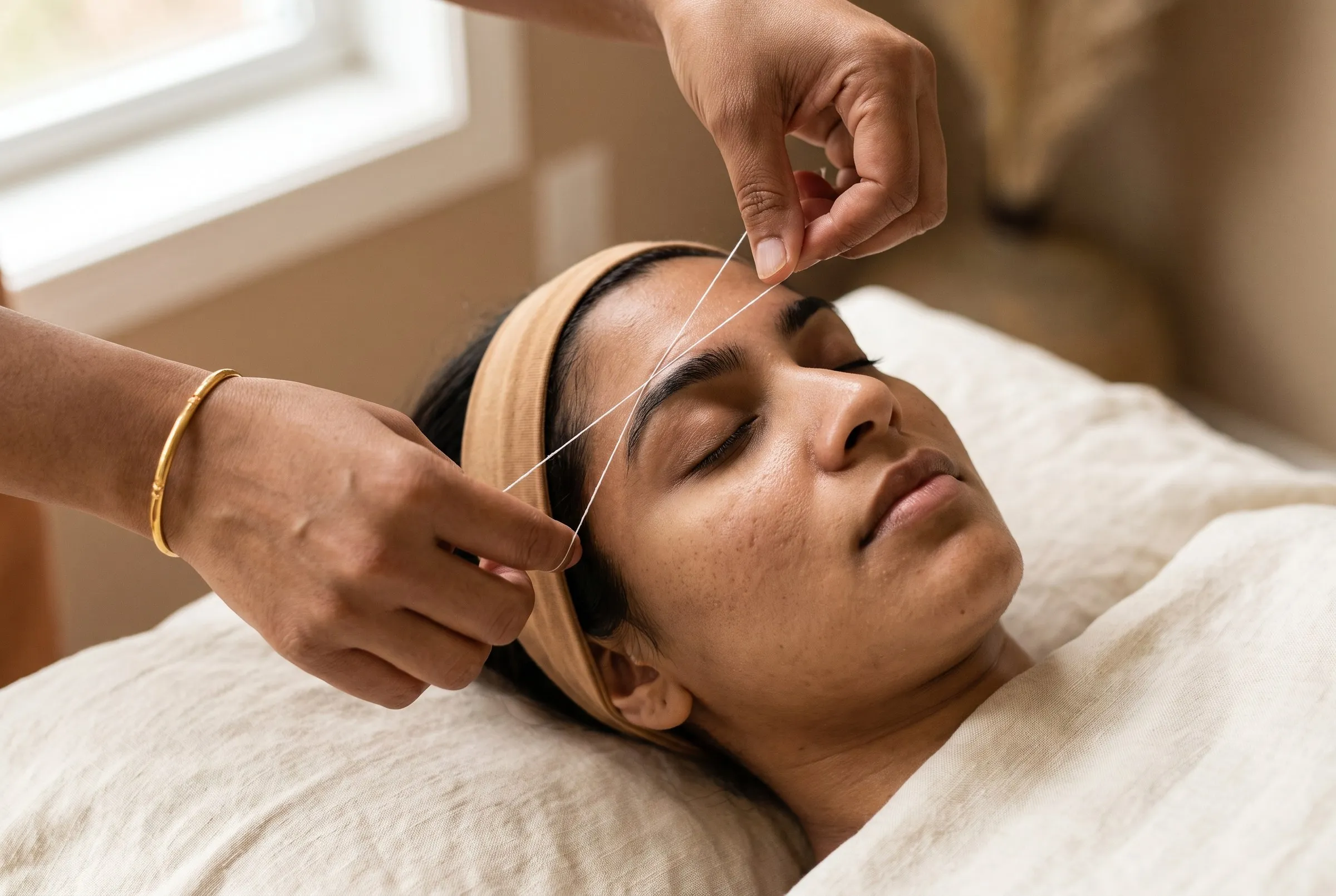 A threader holds a twisted cotton thread against a client's brow